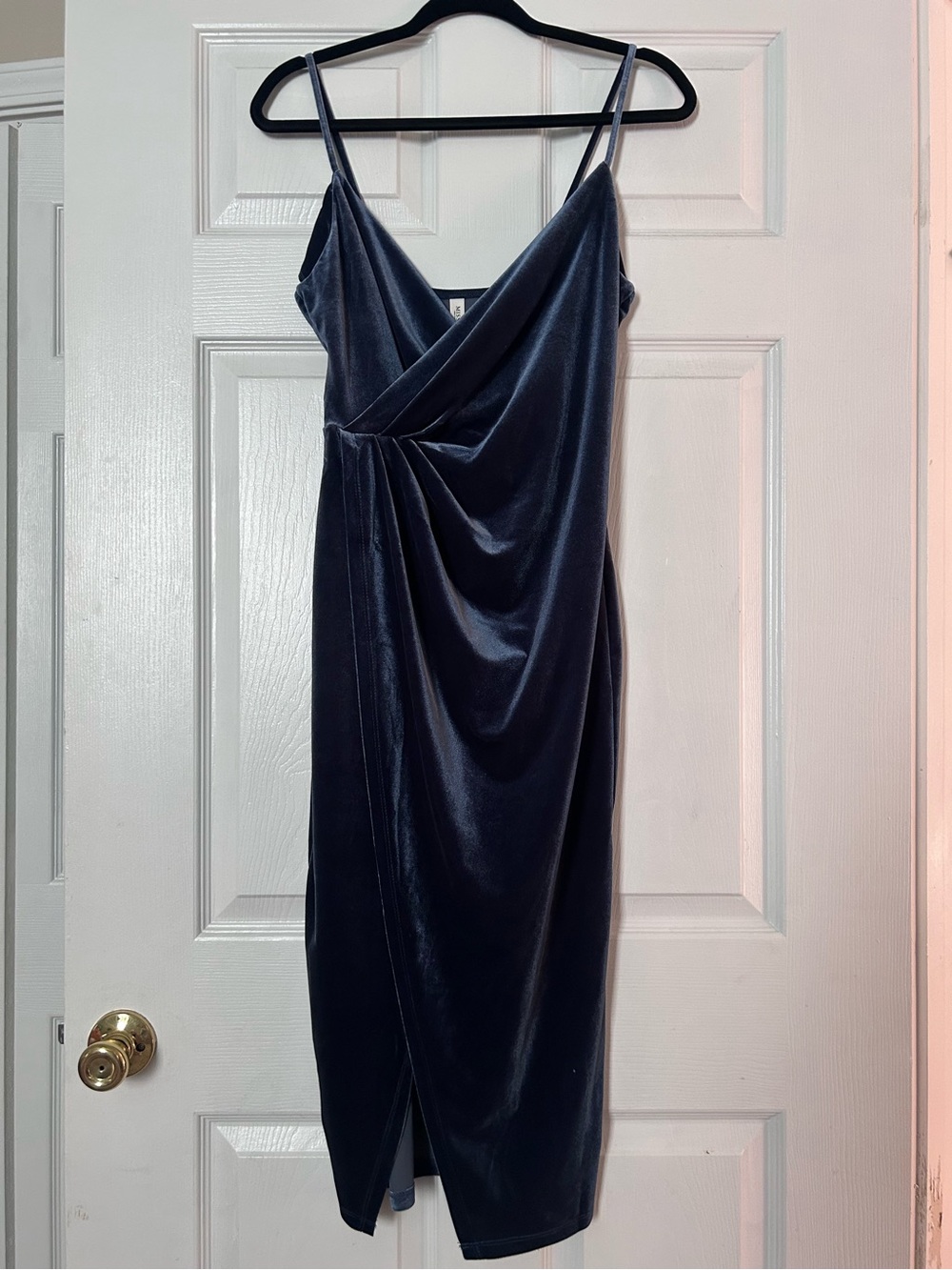 Velvet Draped Midi Dress in Navy with Spaghetti Straps